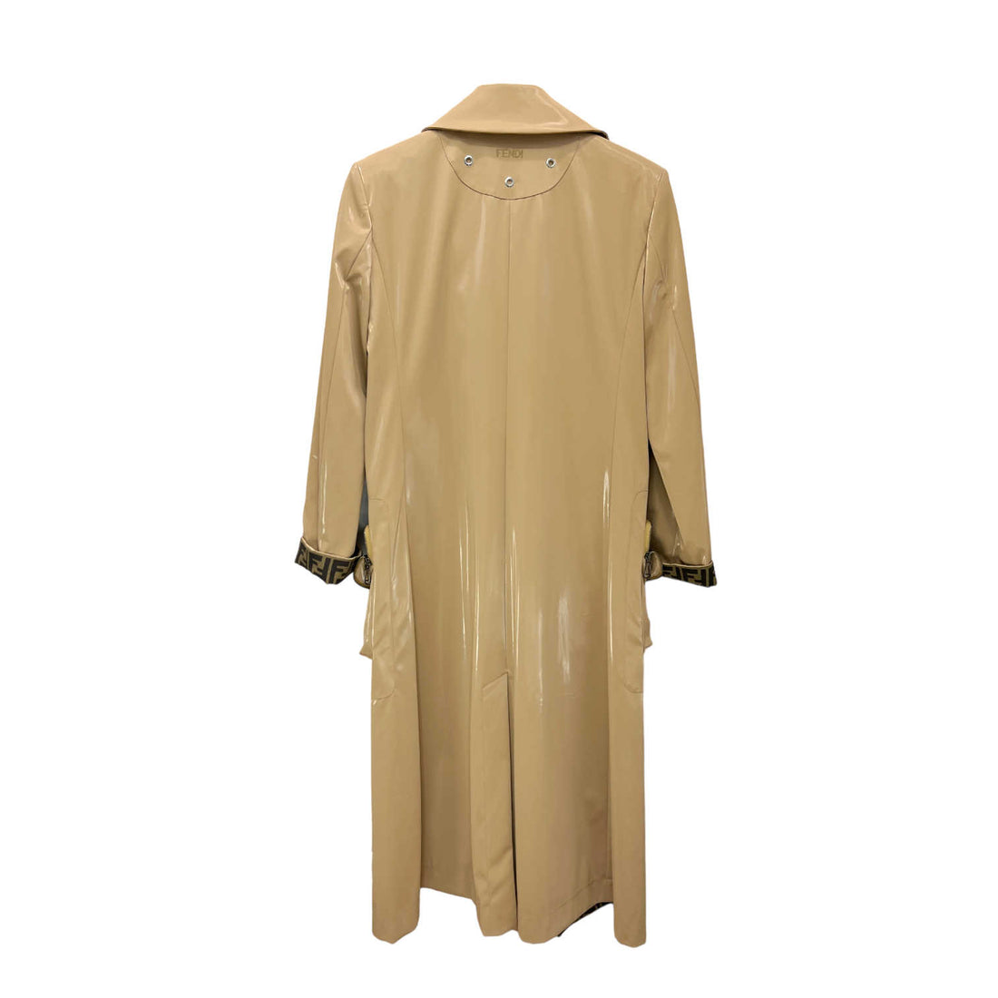 fendi shiny belted trench coat zucca lining back