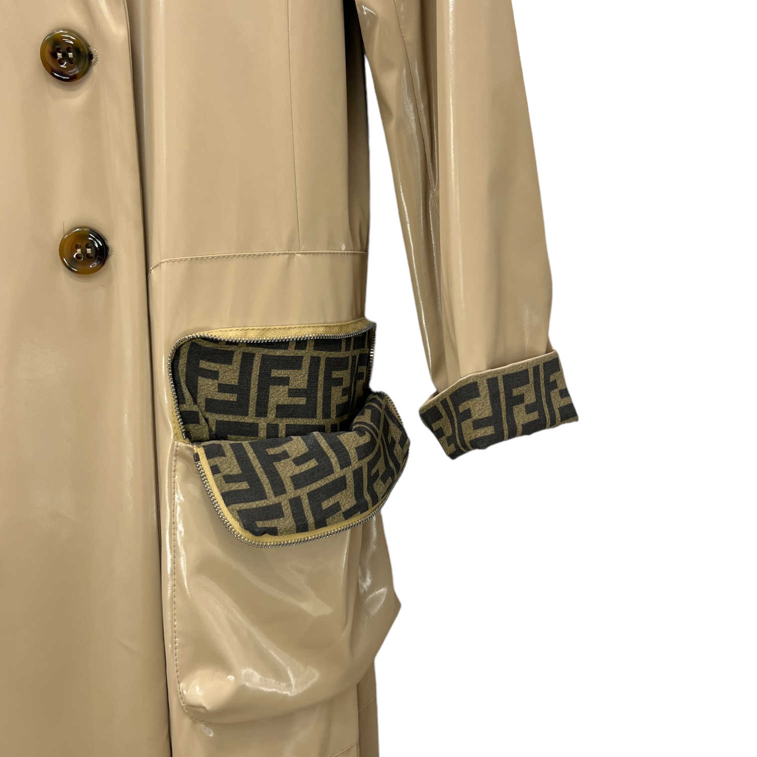 fendi shiny belted trench coat zucca lining detail zoom