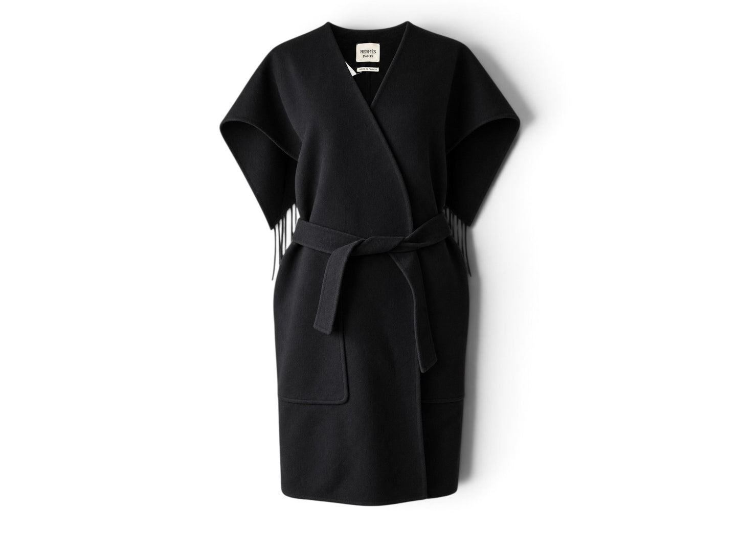 Pre-owned Hermès black double-sided cashmere wrap vest with fringe belt and patch pocket, size 38 — available at Style Reissue Vancouver