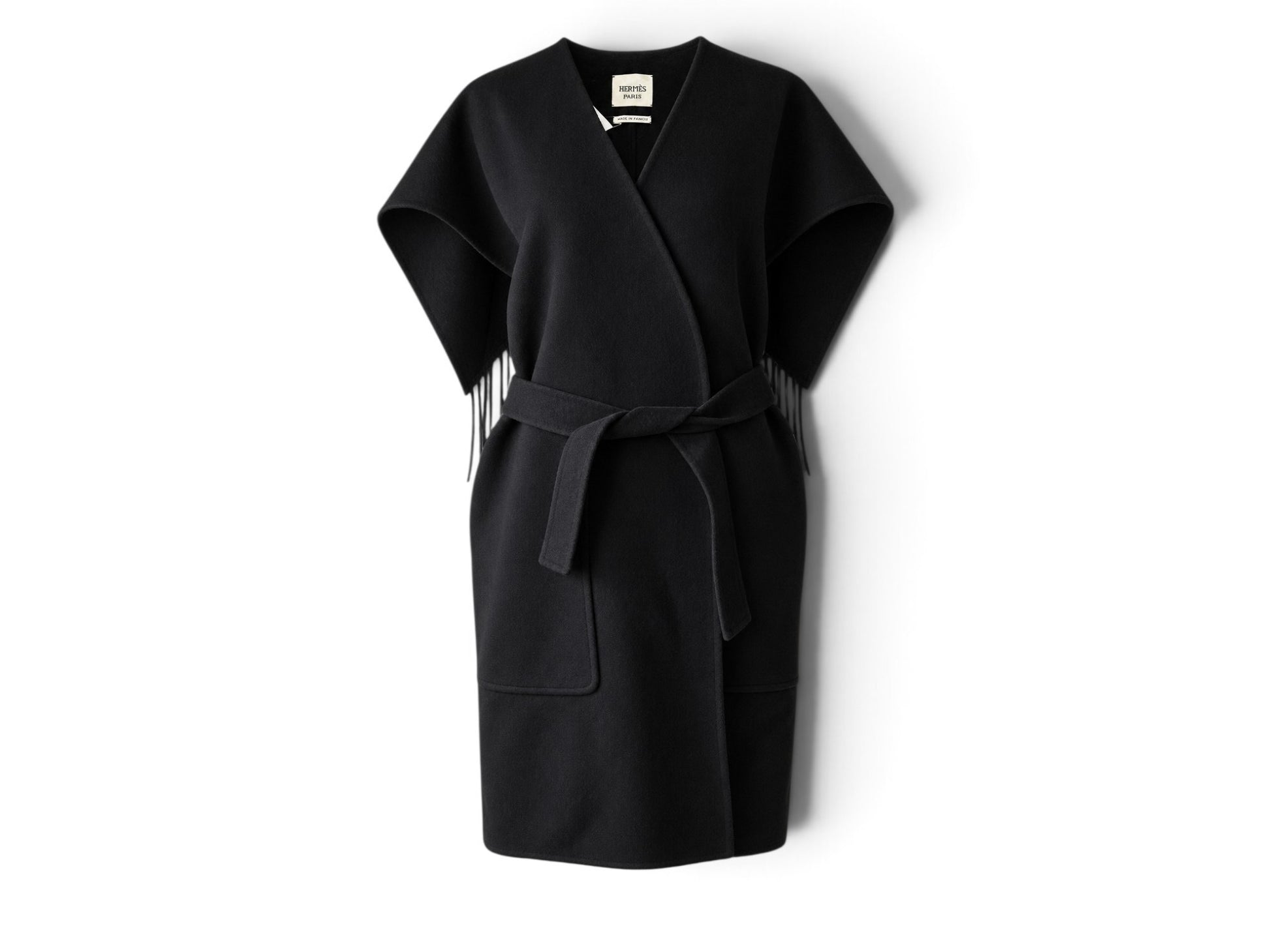 Pre-owned Hermès black double-sided cashmere wrap vest with fringe belt and patch pocket, size 38 — available at Style Reissue Vancouver