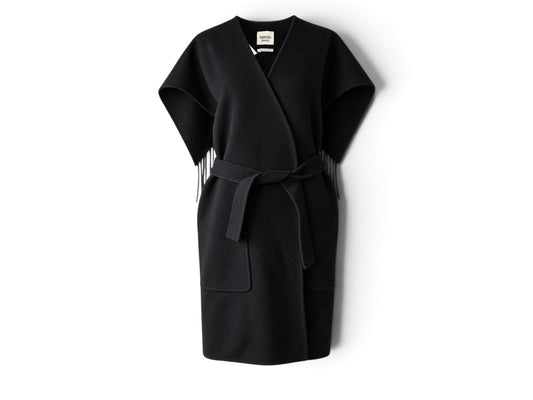 Pre-owned Hermès black double-sided cashmere wrap vest with fringe belt and patch pocket, size 38 — available at Style Reissue Vancouver