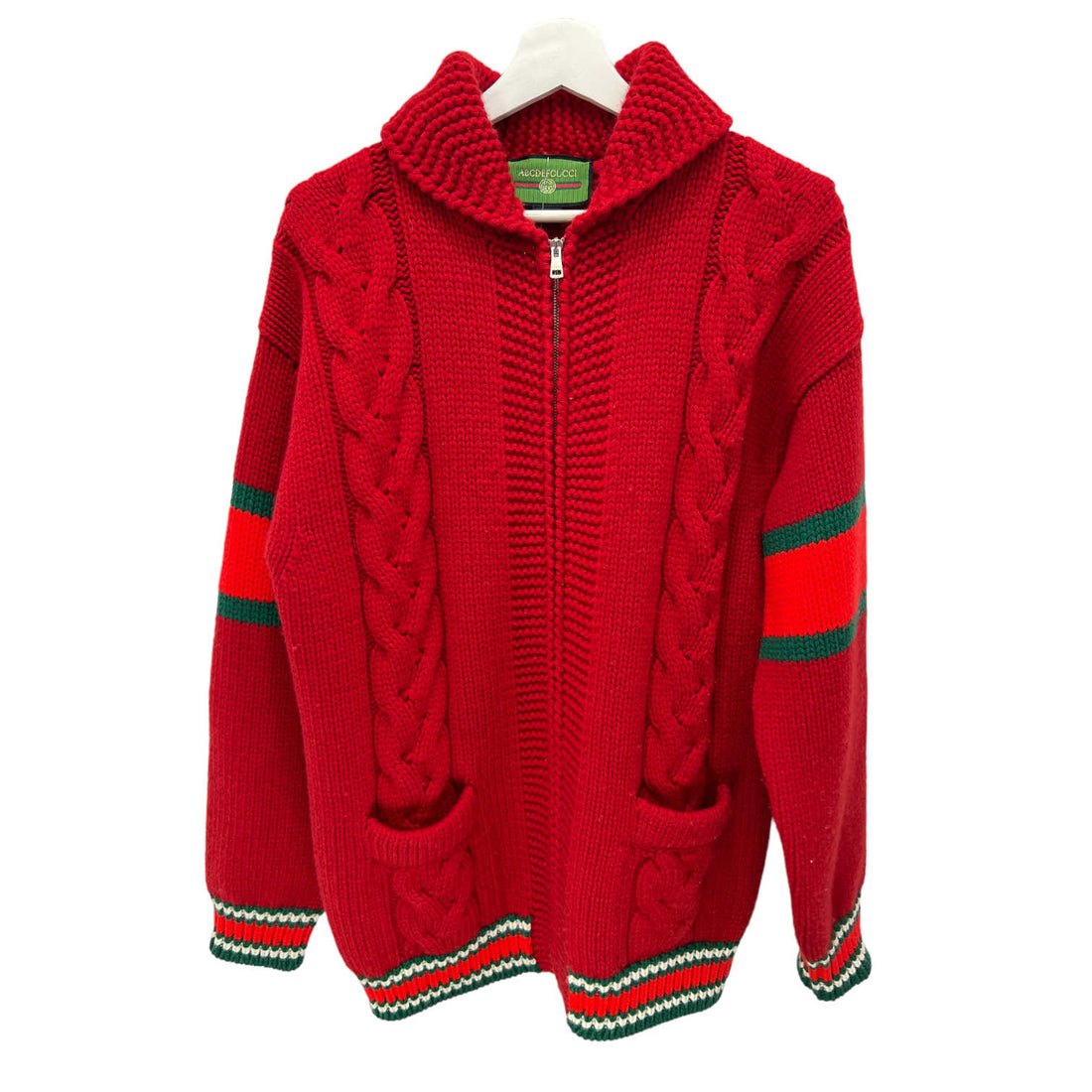 gucci red cable wool zip cardigan new condition front view