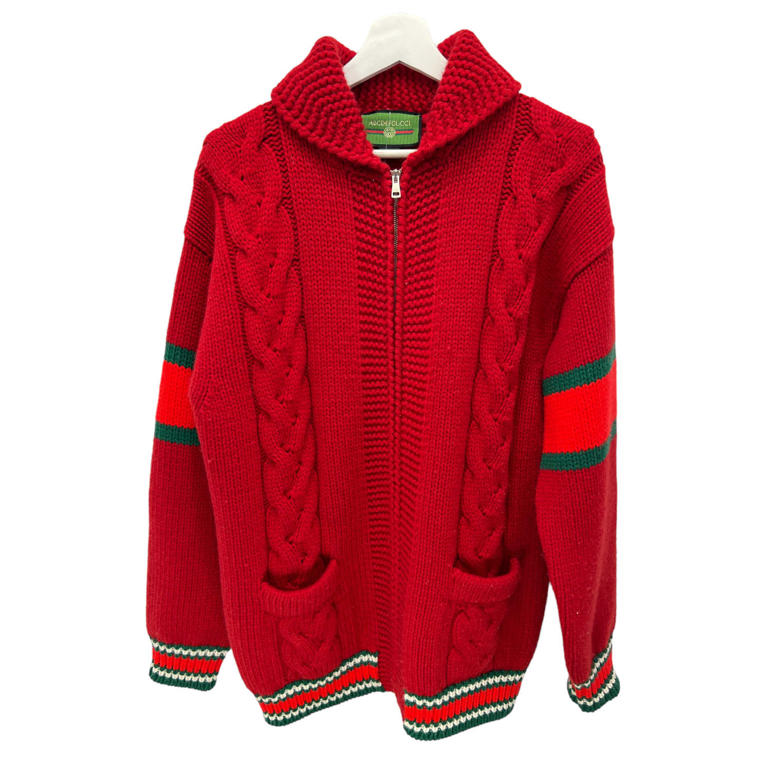 gucci red cable wool zip cardigan new condition front view