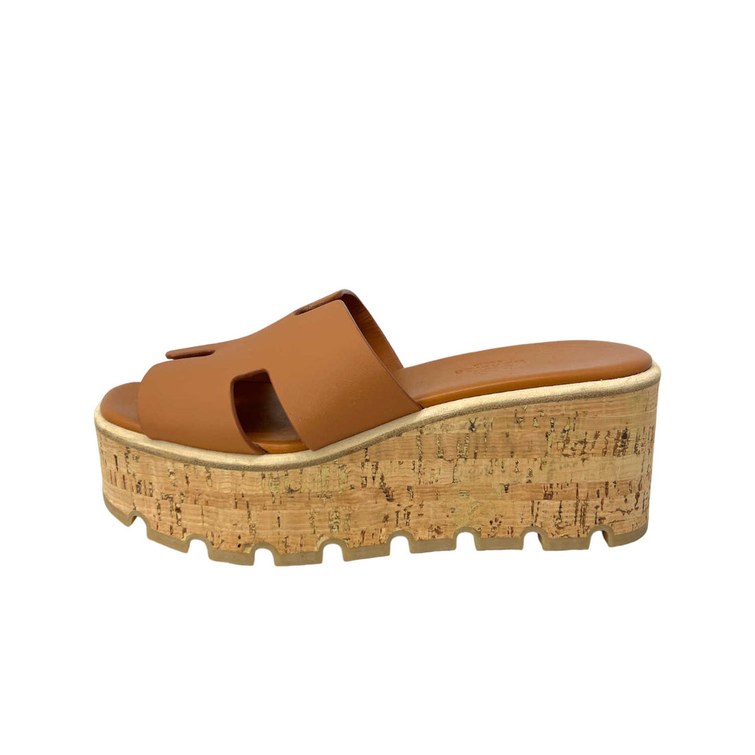 hermes tan eze platform sandals left outer side view