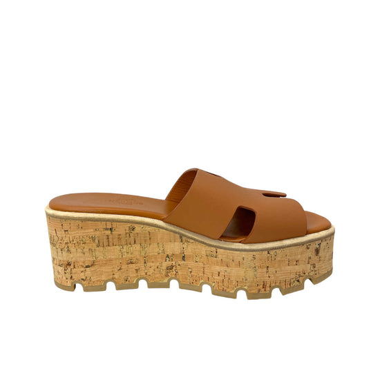 hermes tan eze platform sandals left inner side view