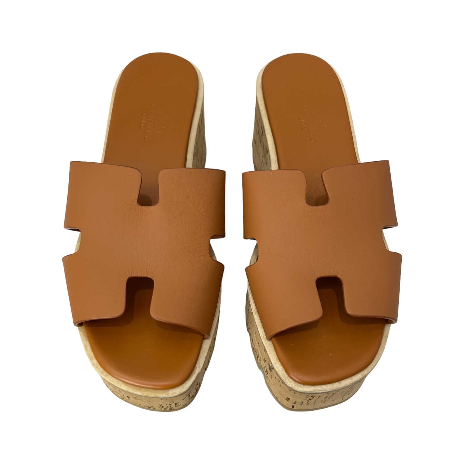 hermes tan eze platform sandals top view