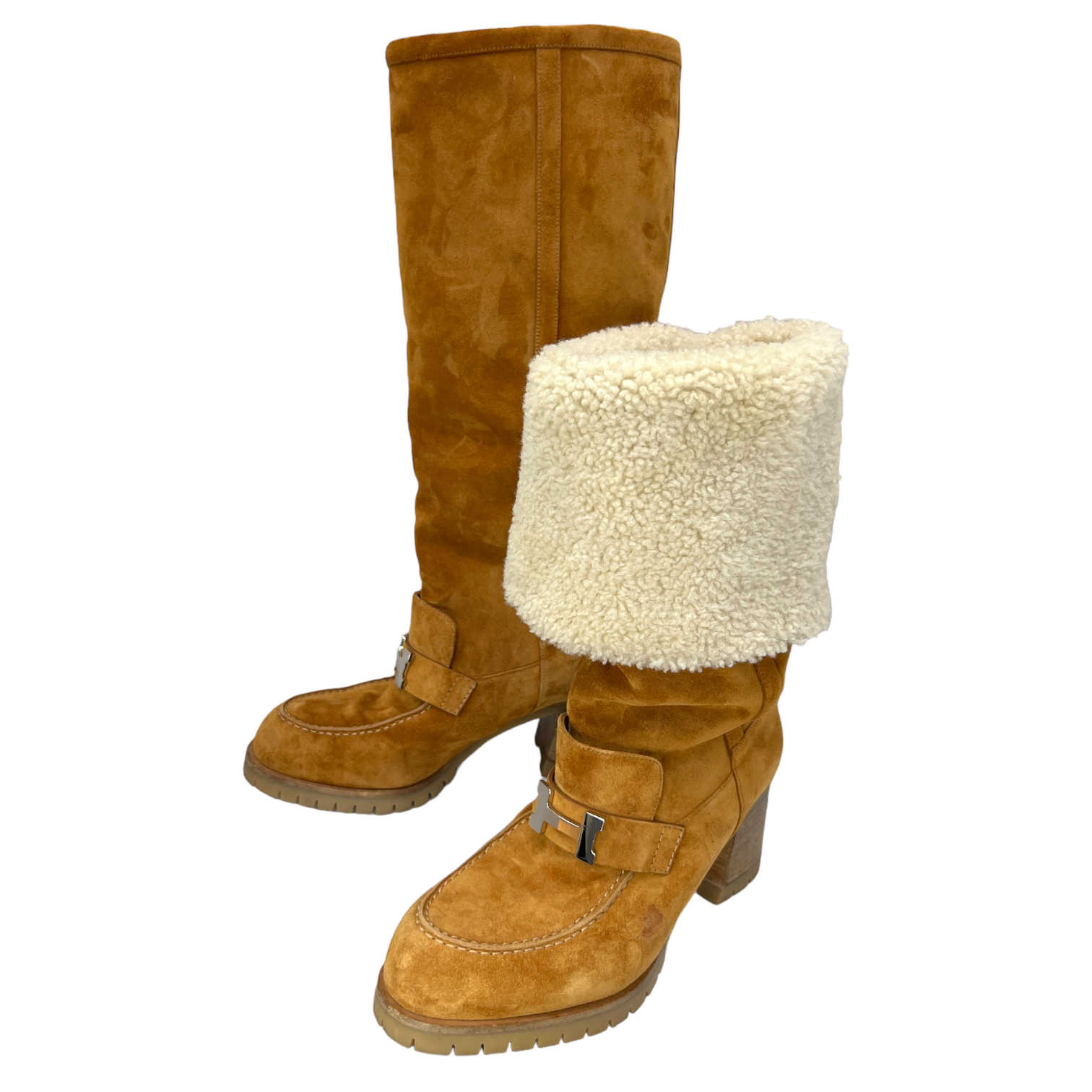 hermes tall shearling lined boots with H buckle new condition front view