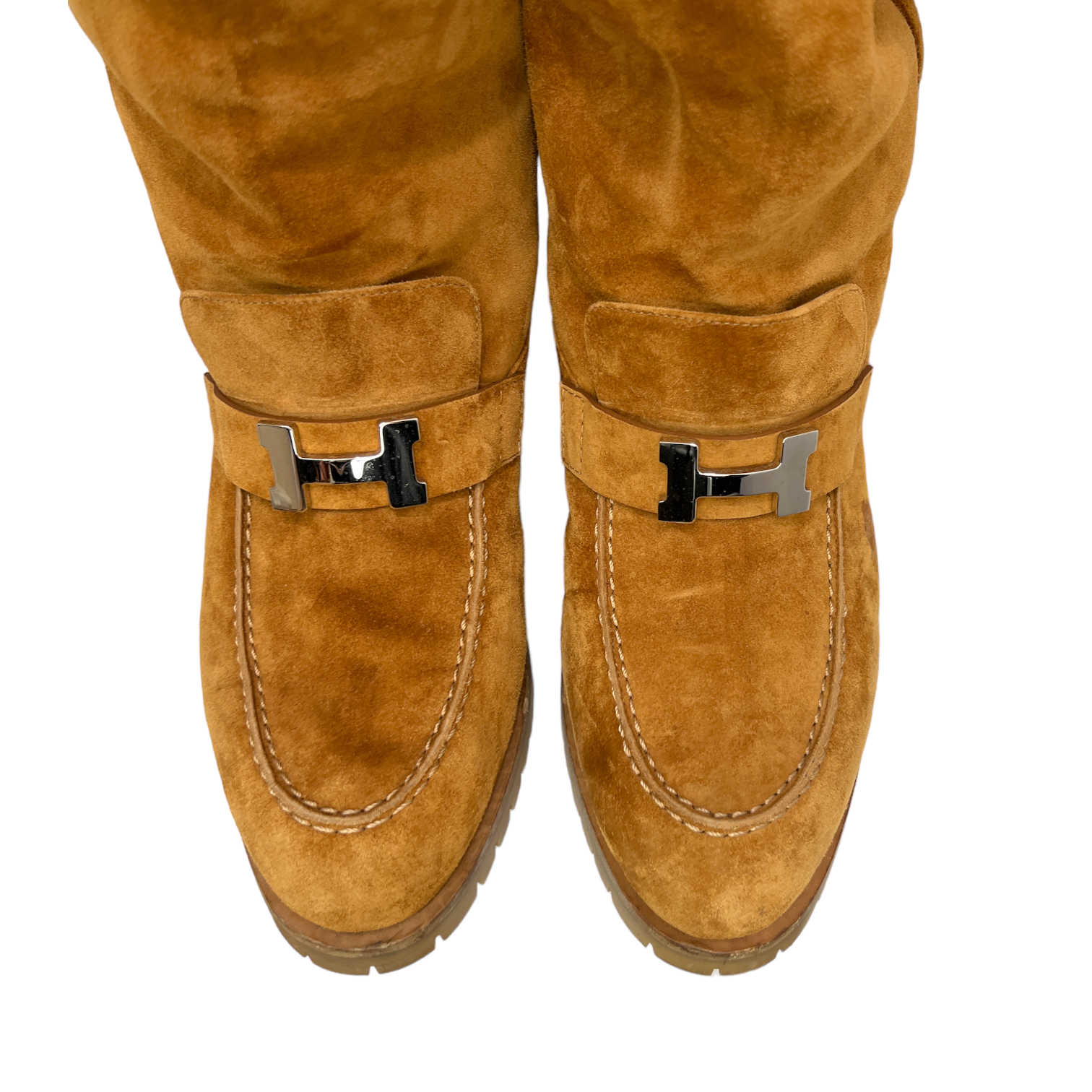 hermes tall shearling lined boots with H buckle top view