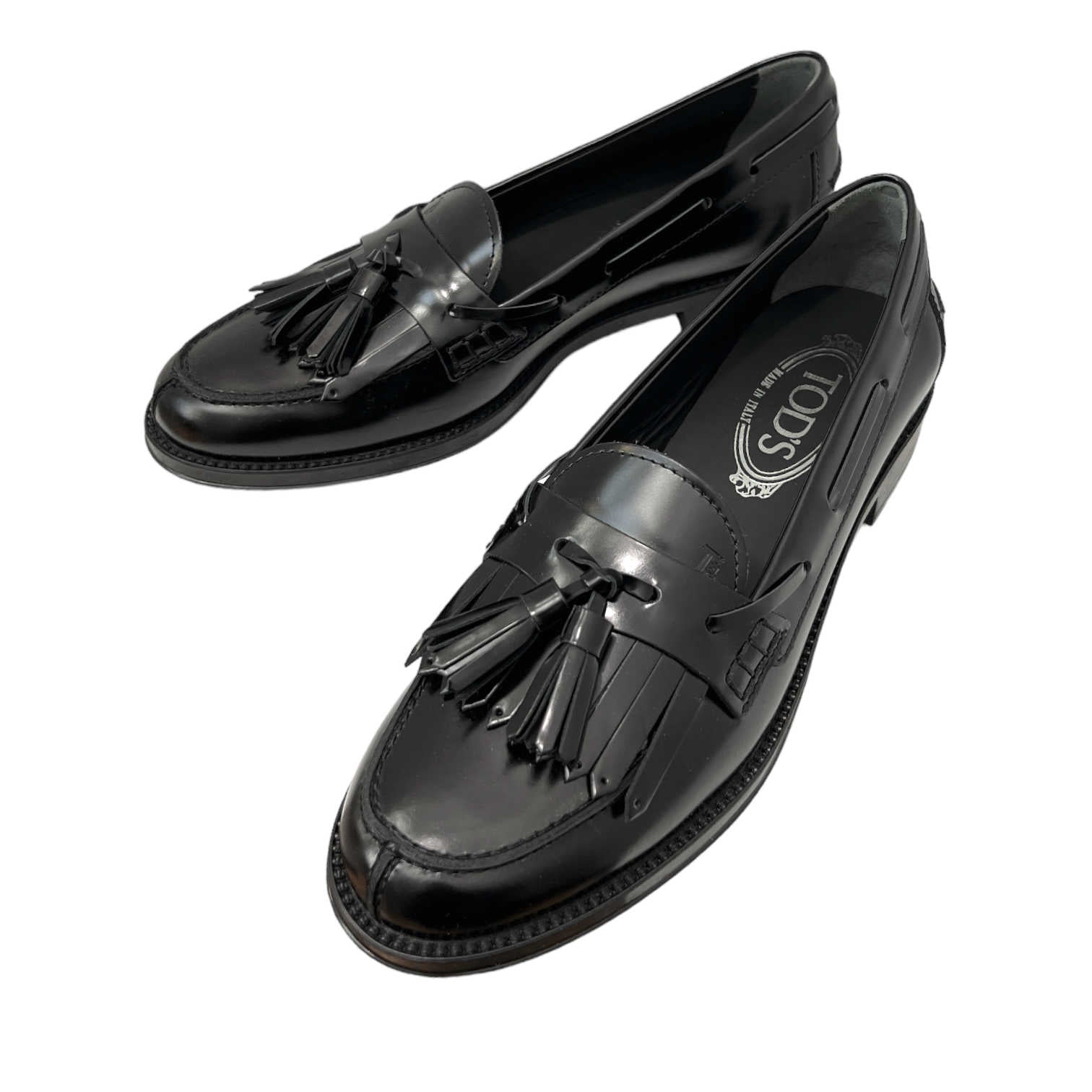 tods black leather fringe tassel loafers new condition front view