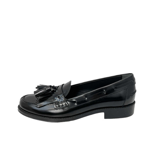 tods black leather fringe tassel loafers left outer side view