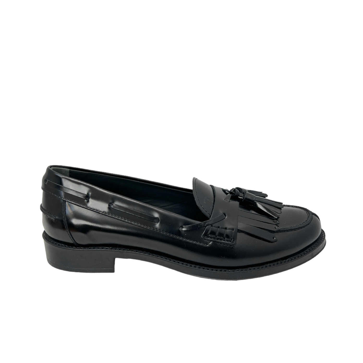 tods black leather fringe tassel loafers right outer side view