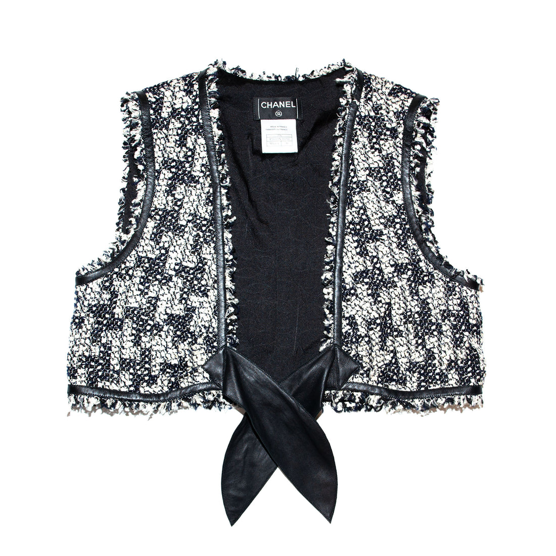 Vintage Chanel Black & White Tweed Vest - Leather Tie Front