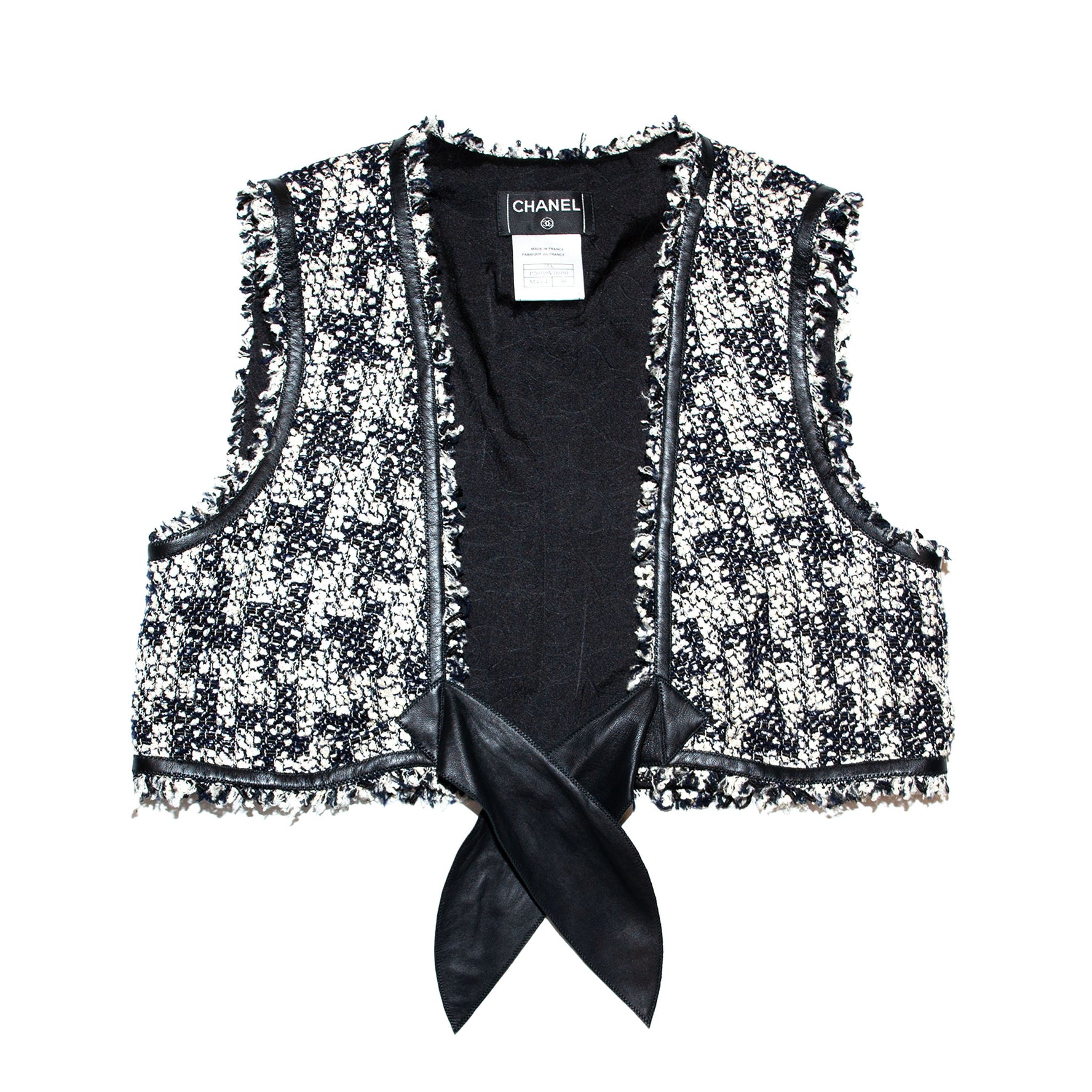 Vintage Chanel Black & White Tweed Vest - Leather Tie Front